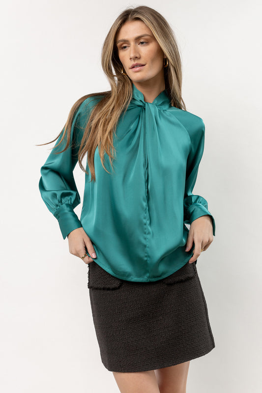 teal satin blouse with high neck