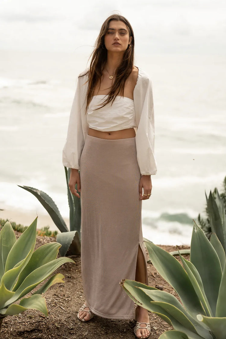 maxi skirt paired with white blouse