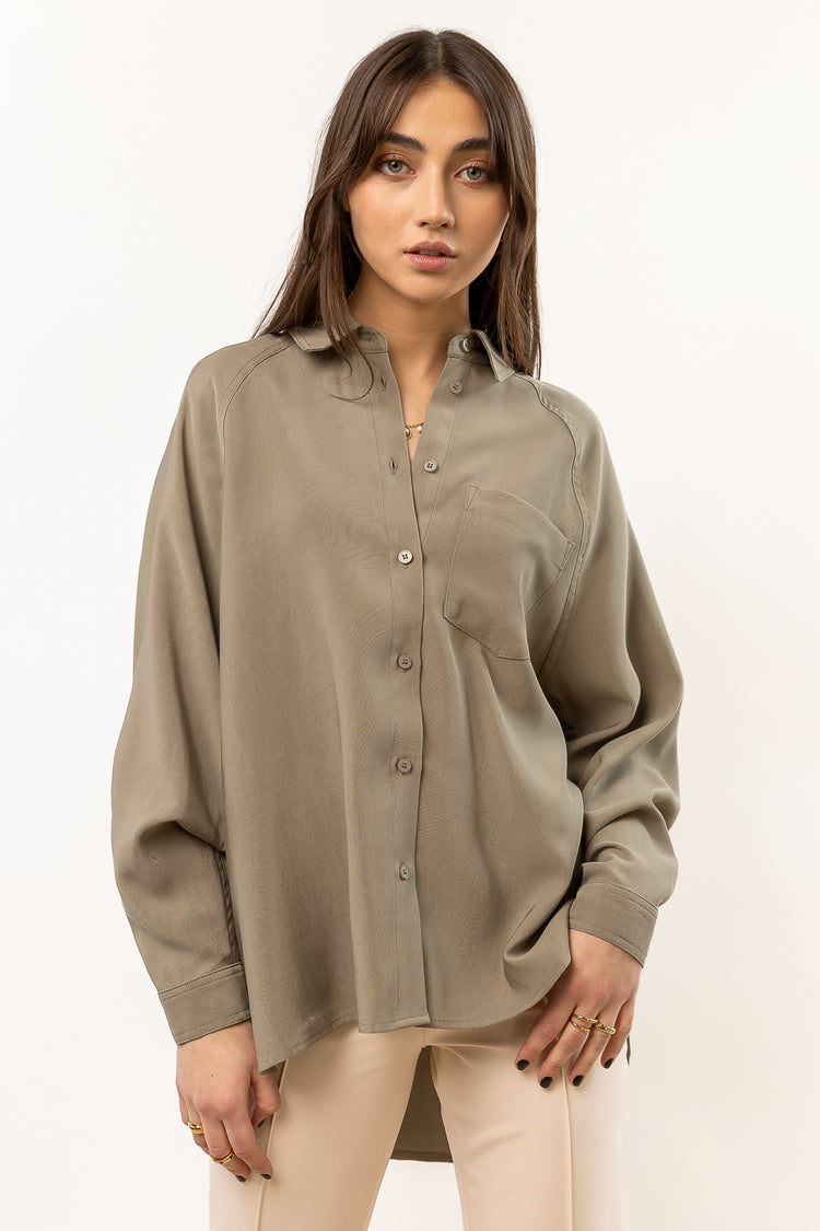 long sleeve sage button up with front pocket