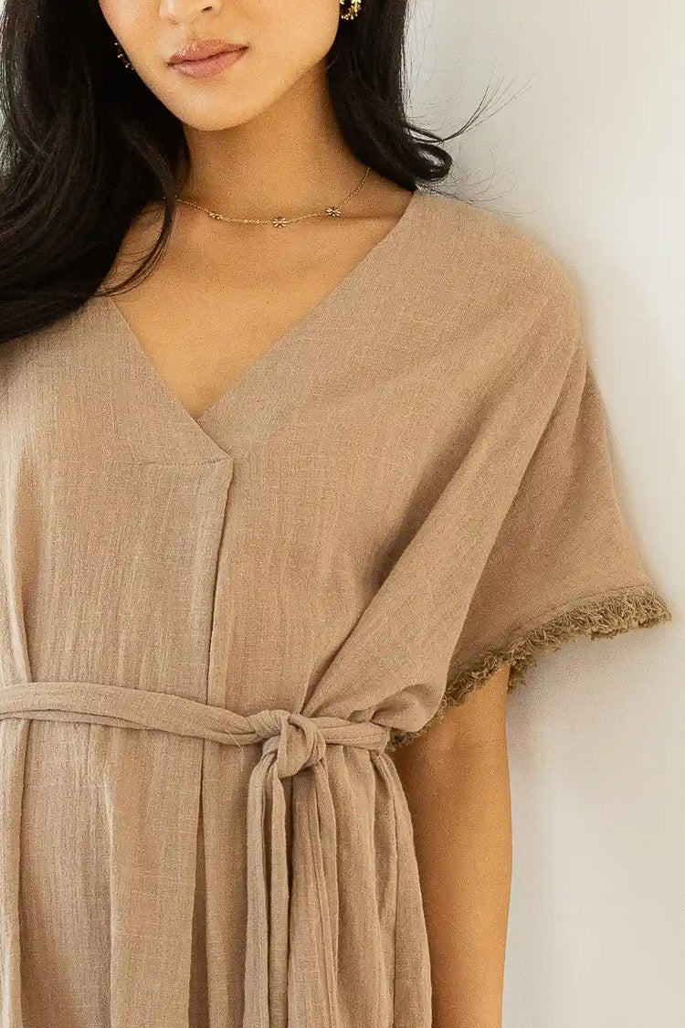 taupe dress with front v neck