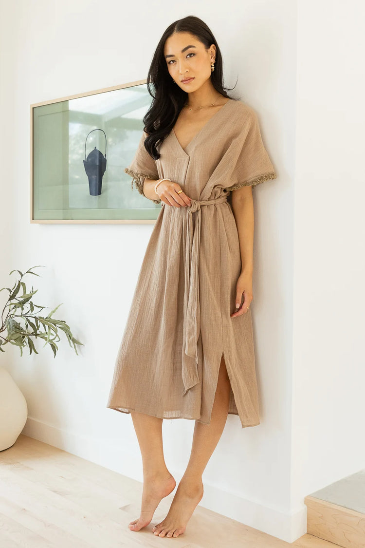 taupe short sleeve midi dress with small side slit