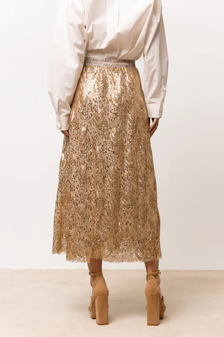 gold sequin midi skirt with elastic waist