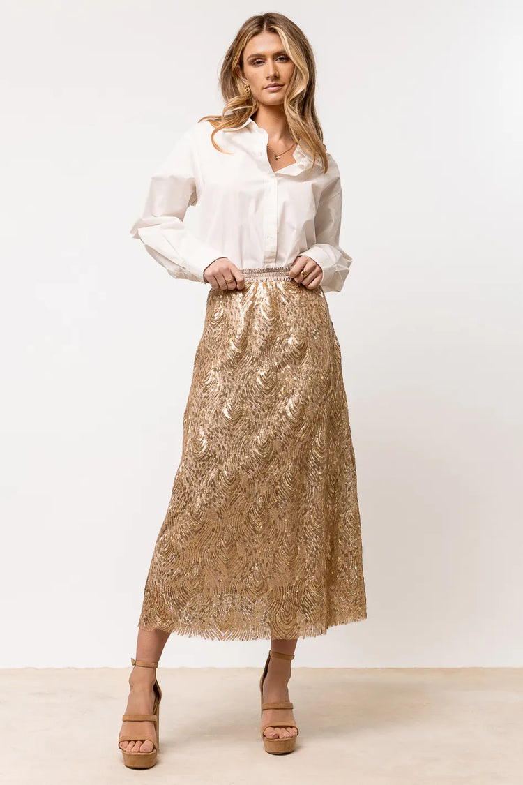 gold sequin midi skirt