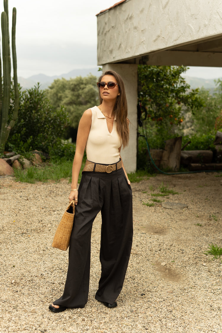 bllack wide leg pants with front pleating