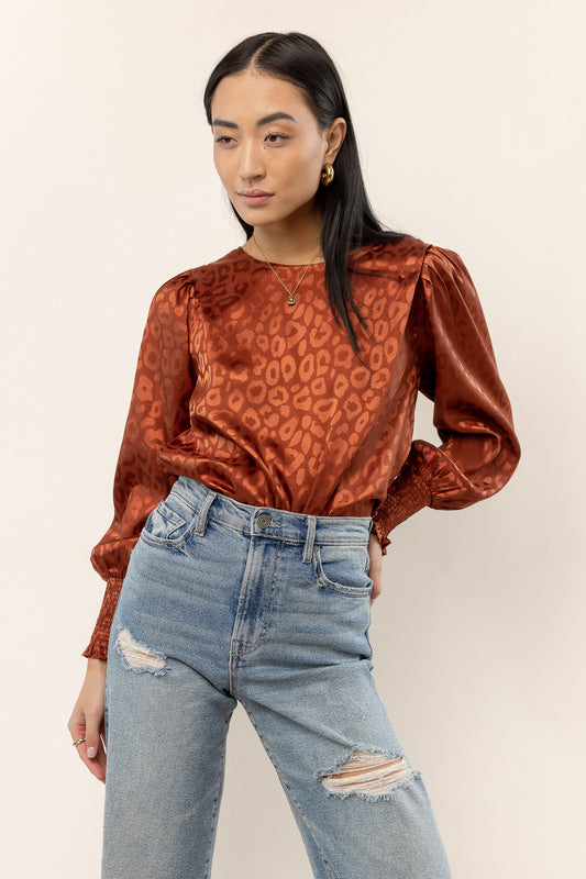satin leopard print blouse with long sleeves