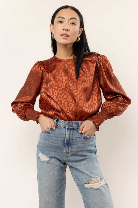 rust satin blouse with long sleeves