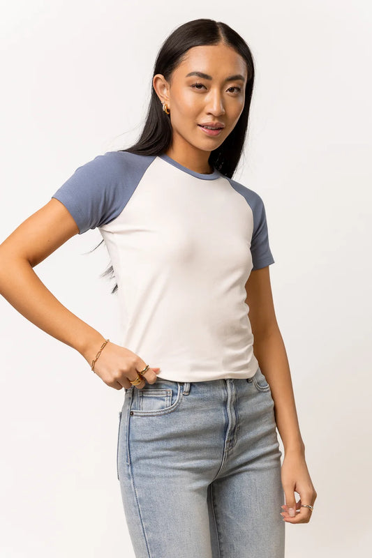 short sleeve white tee with blue sleeves and collar