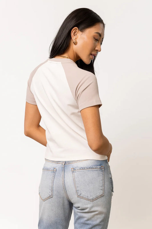taupe and shite short sleeve top