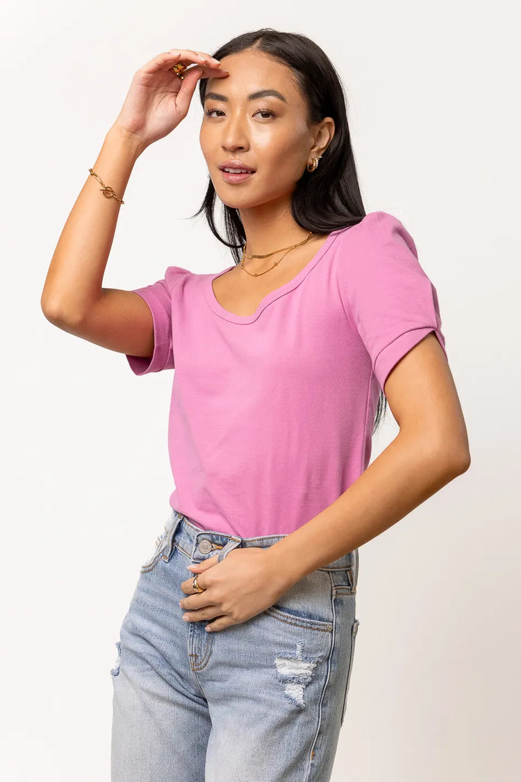 short sleeve purple top with round neck