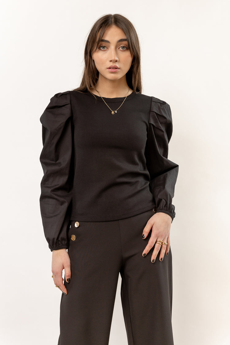 long sleeve black ribbed shirt with puff sleeve
