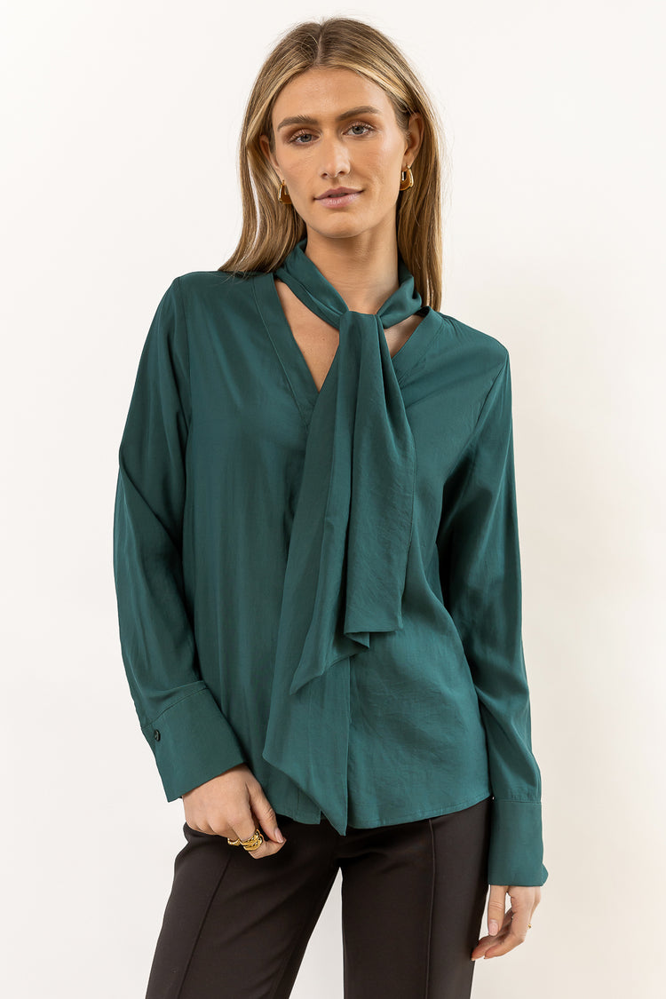 long sleeve green v-neck button up with neck tie detail