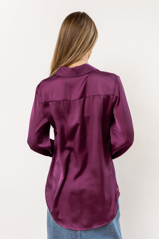 long sleeve satin button down in purple