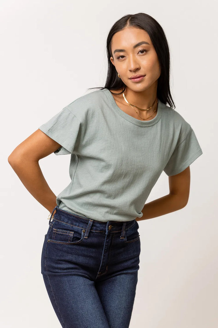 blue top with round neck
