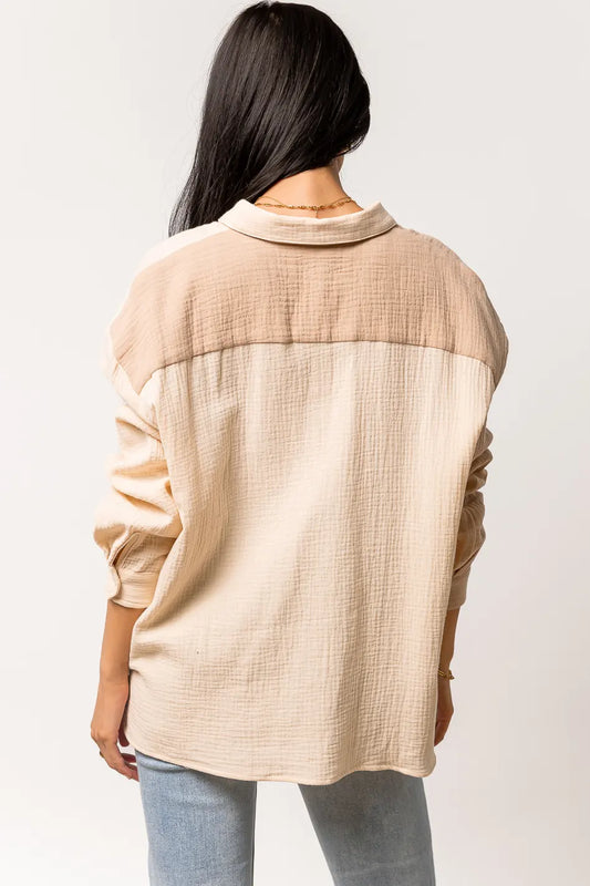 taupe and cream color block shirt