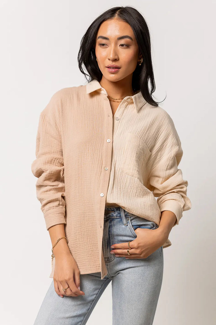 taupe long sleeve collared shirt