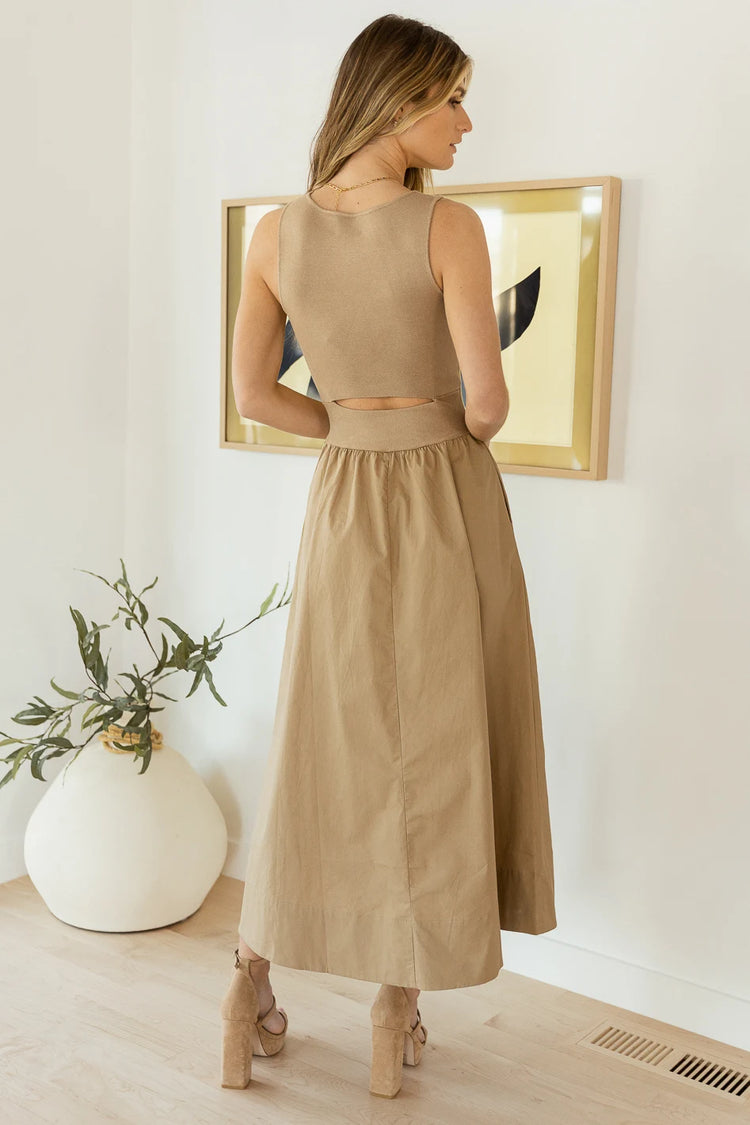 cut out on backside of midi dress in tan