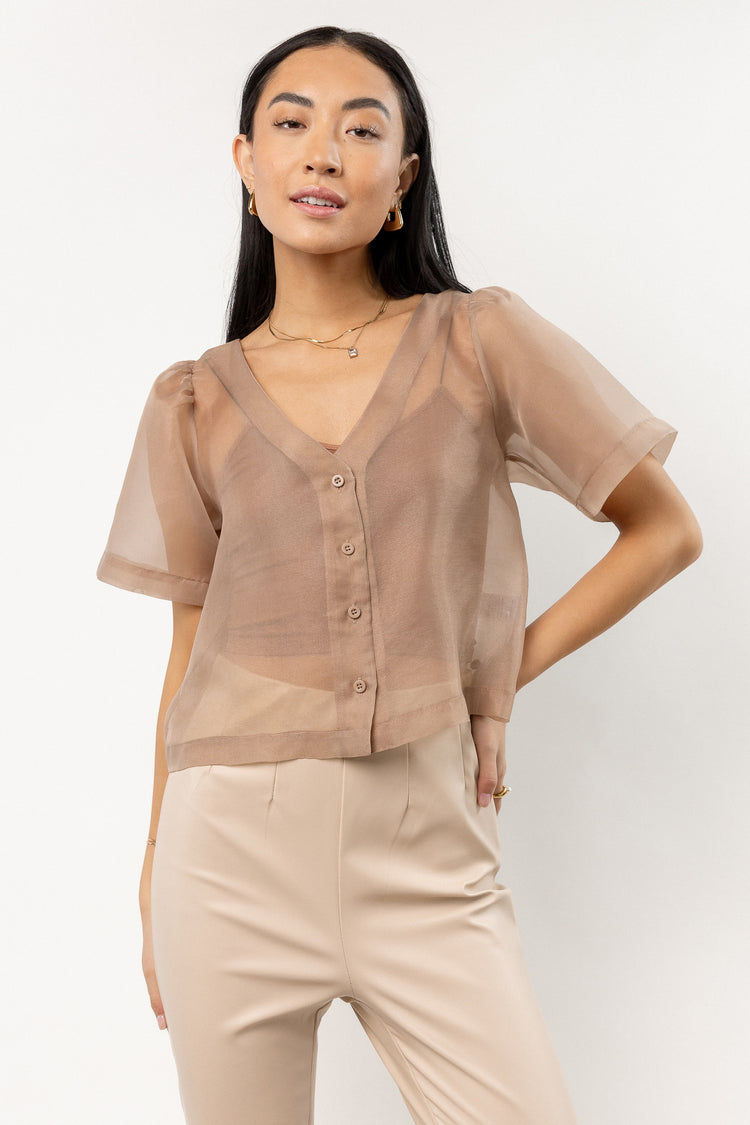 nude colored sheer button front top
