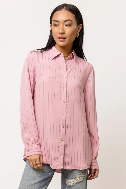 long sleeve pink button down with pin stripes