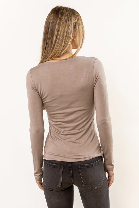 long sleeve top in taupe back