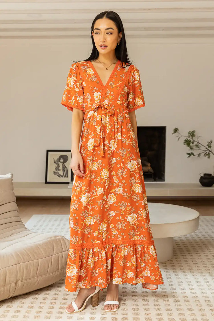 orange floral maxi dress with waist tie