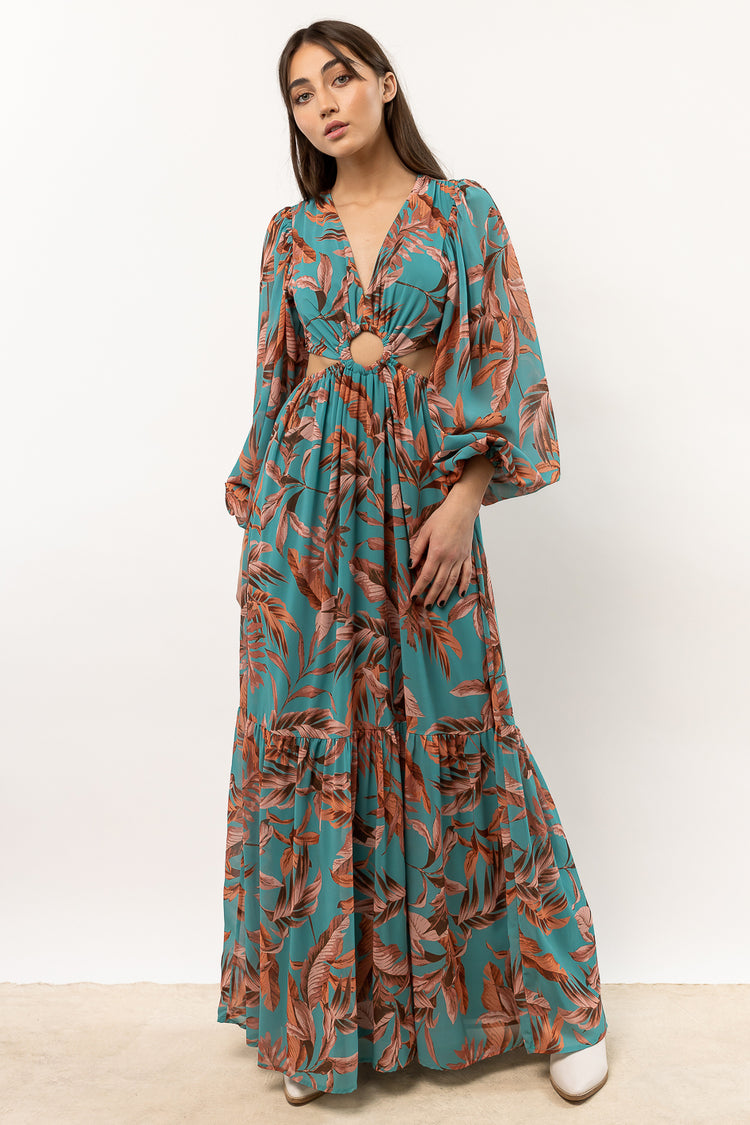 maxi dress with front and side cutout details and balloon sleeves 