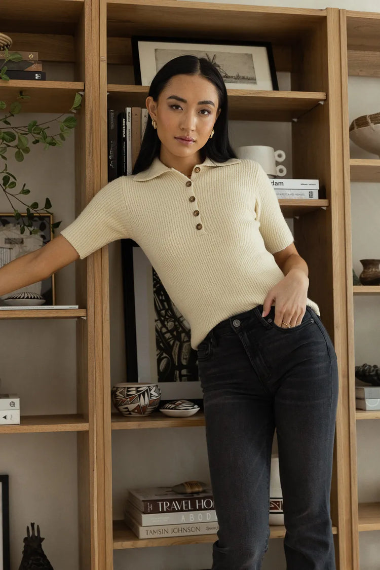 short sleeve cream knitted top