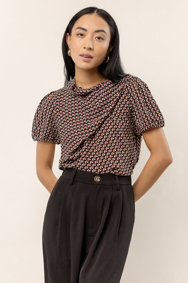 black printed blouse with short sleeves