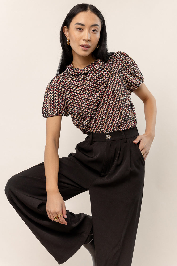 short sleeve blouse with cowl neck