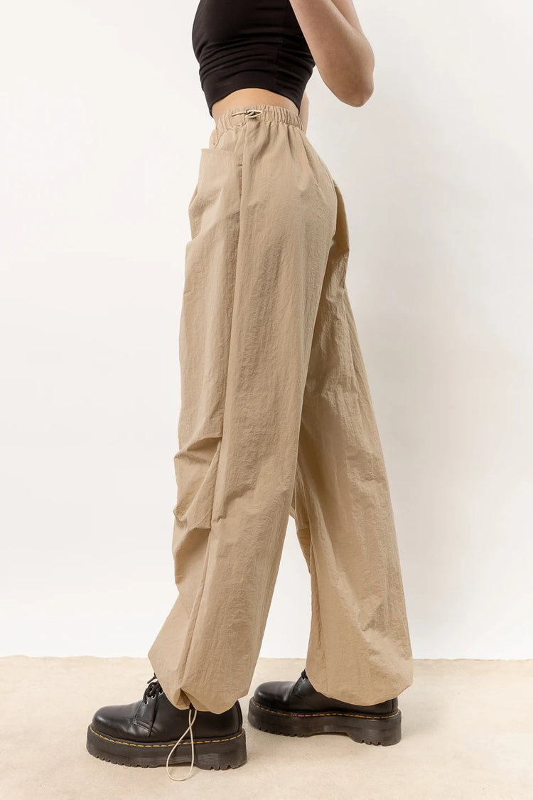 camel parachute pants with ankle and waist cinch 