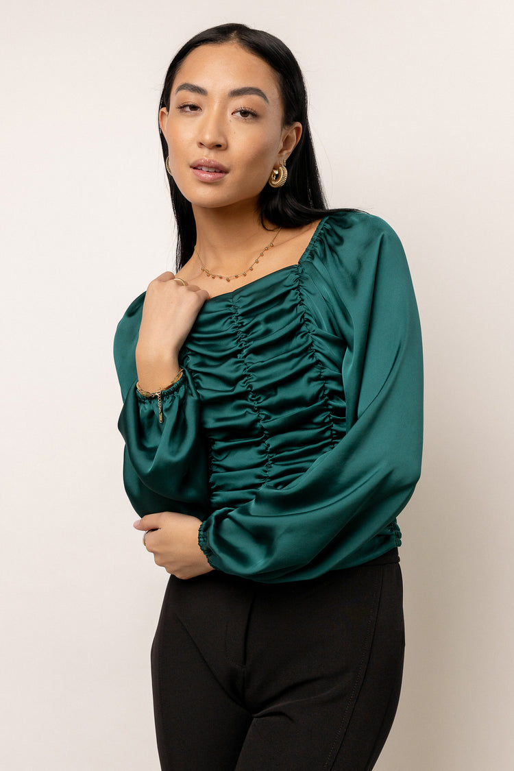 emerald satin blouse with square neck