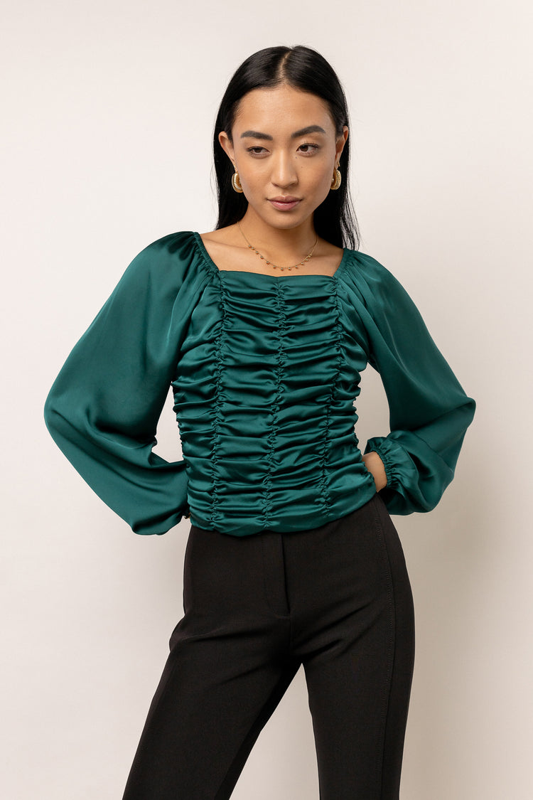 emerald smocked blouse with long sleeve