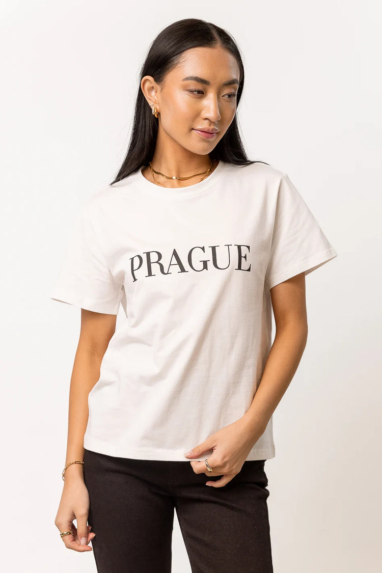 white short sleeve with black prague graphic