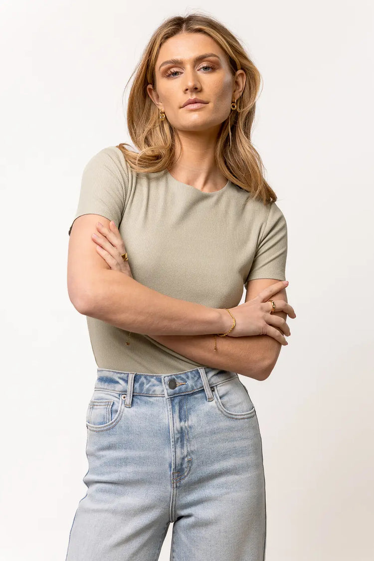 sage green ribbed top with round neck