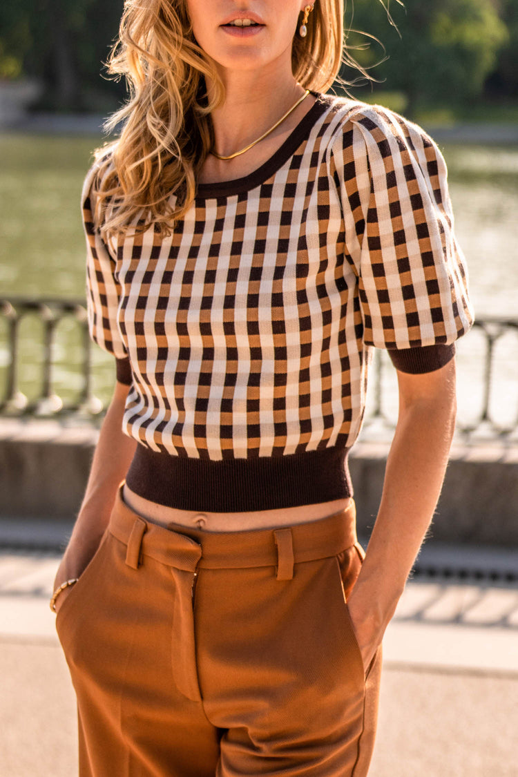 brown cropped sweater with puff sleeve