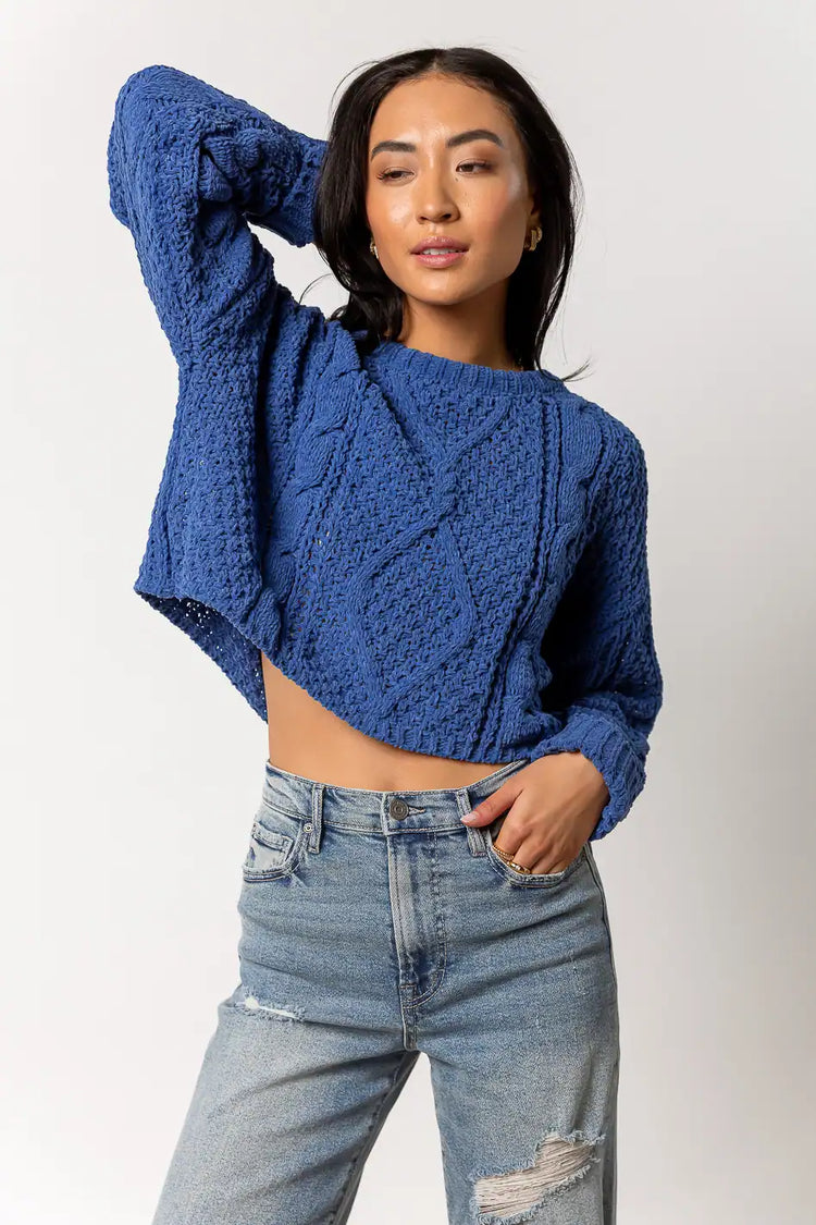 cropped blue cable knit sweater