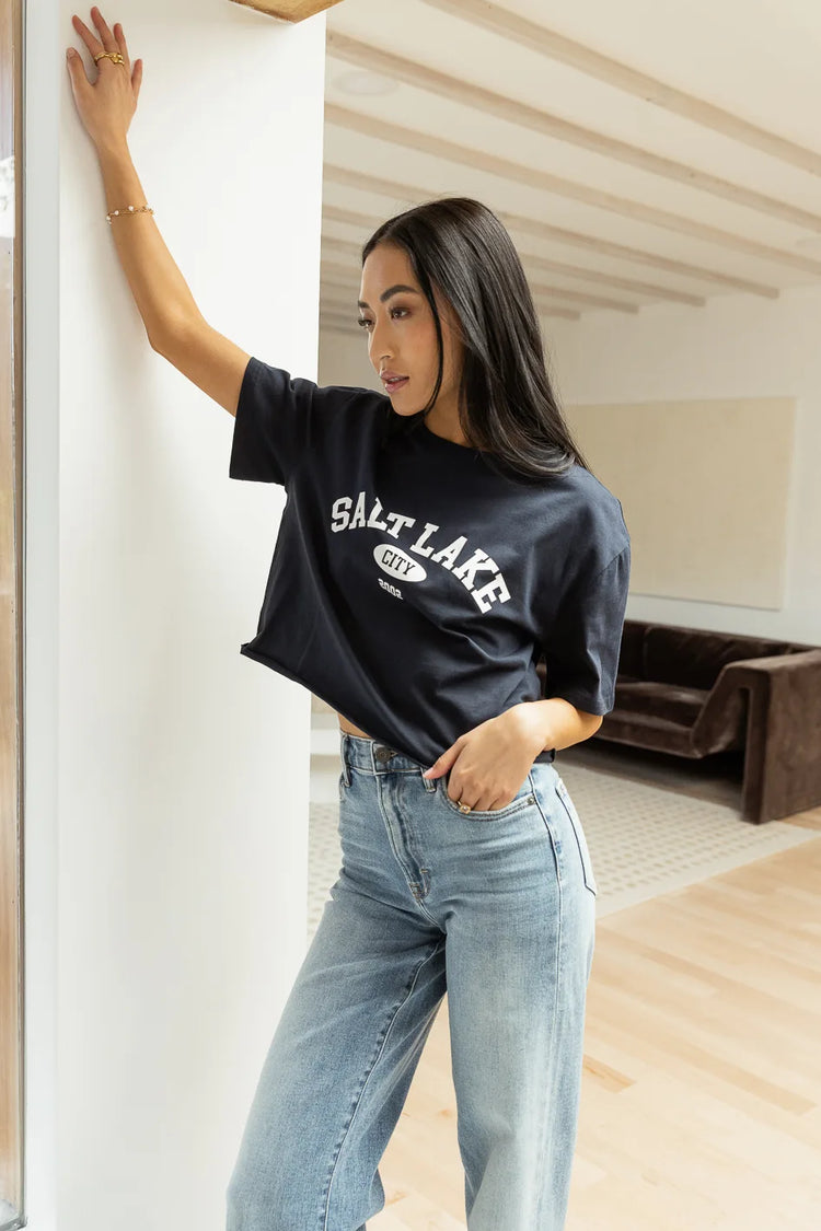 navy blue cropped graphic tee