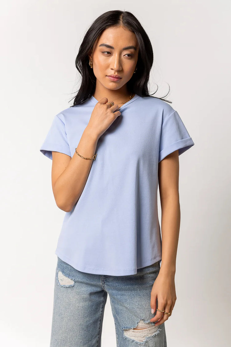 blue short sleeve shirt with round neck
