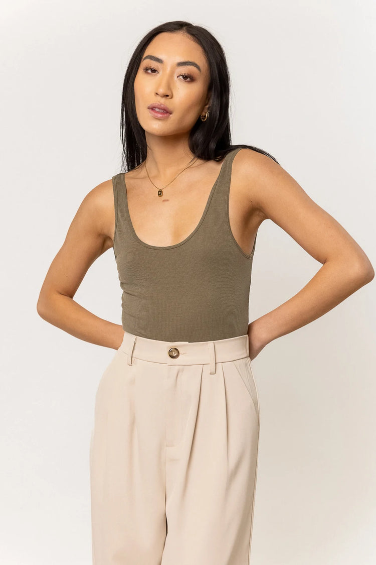 olive ribbed tank top with scoop neck