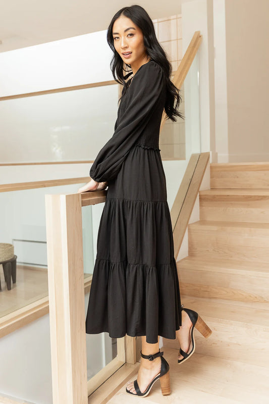 black tiered midi dress