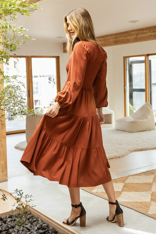 brown long sleeve midi dress