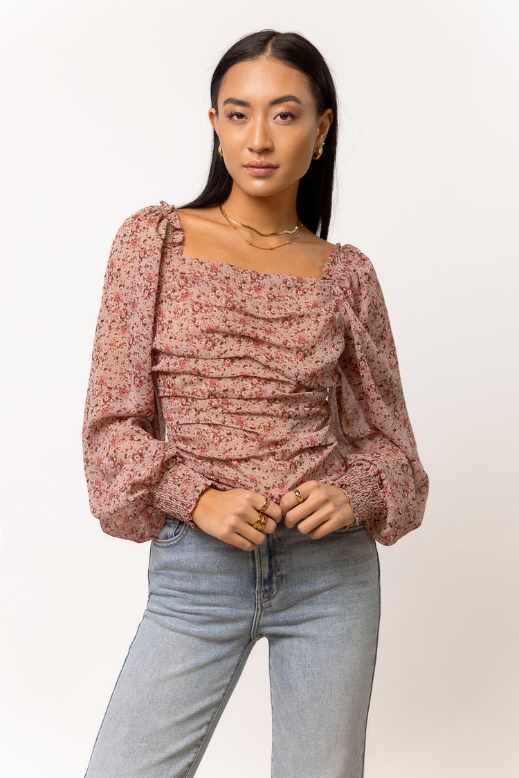 roughed floral blouse with smocked wrist