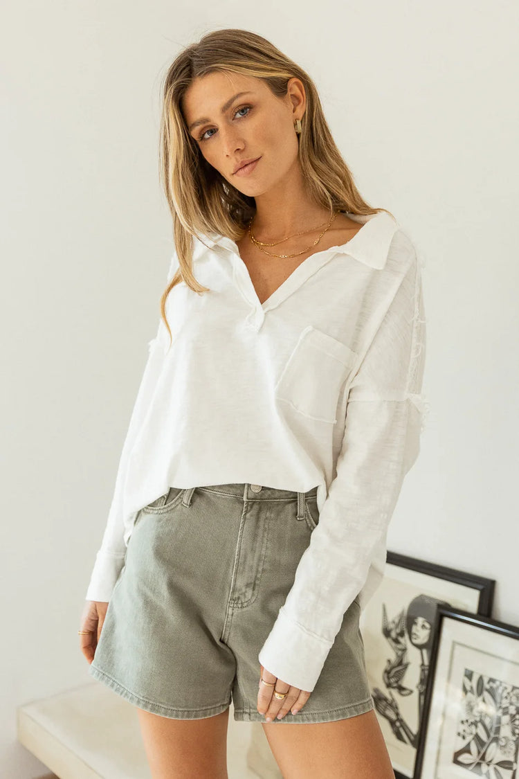 long sleeve white top with v-neck