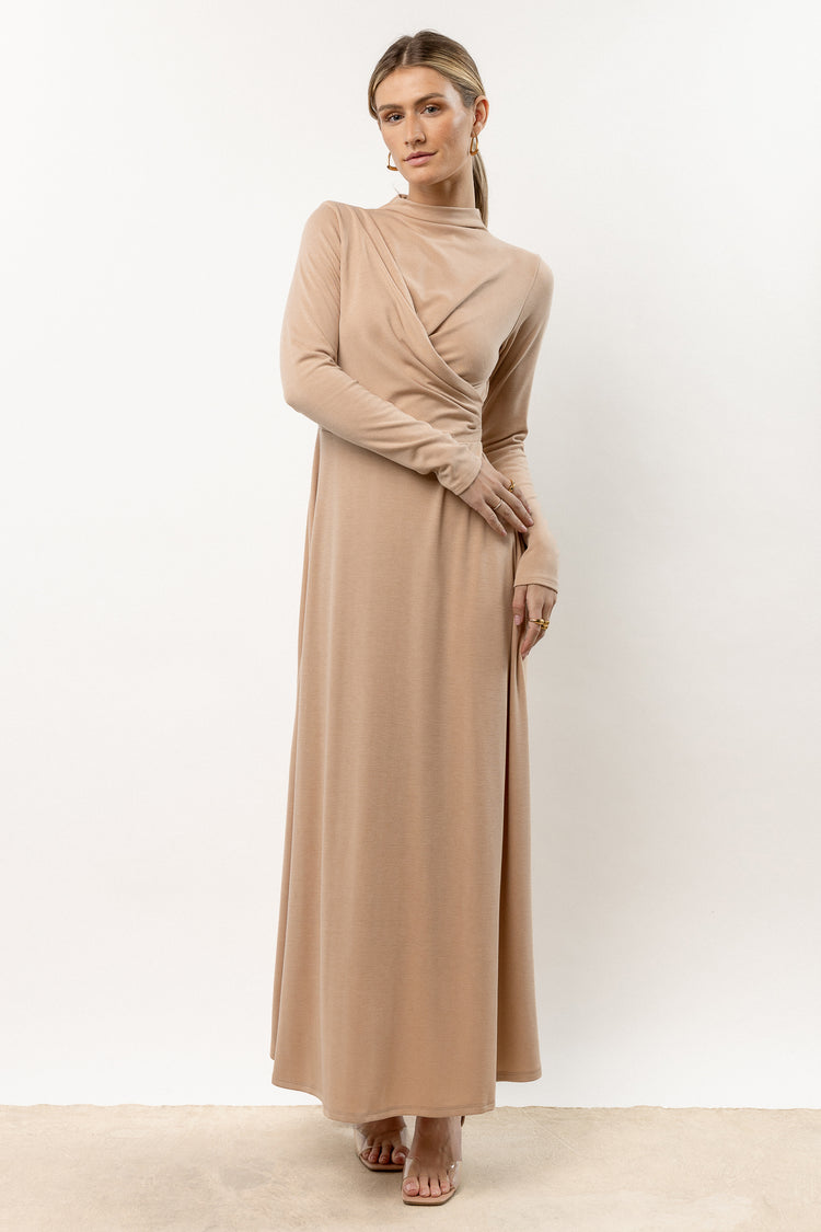 long sleeve maxi dress with high neck