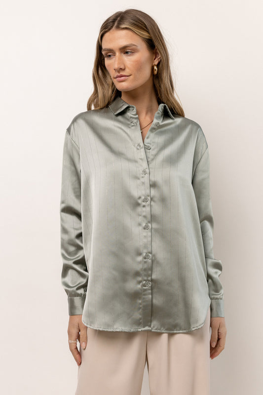 sage button up with pin stripes