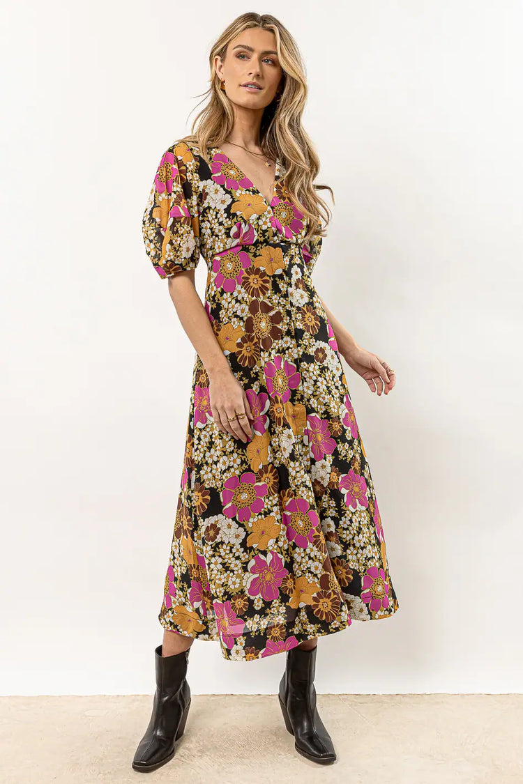 v-neck floral dress with front buttons
