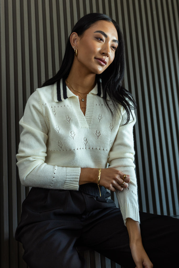collared knit sweater in ivory