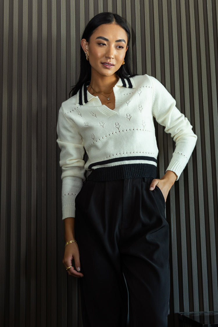 contrast knit sweater in ivory
