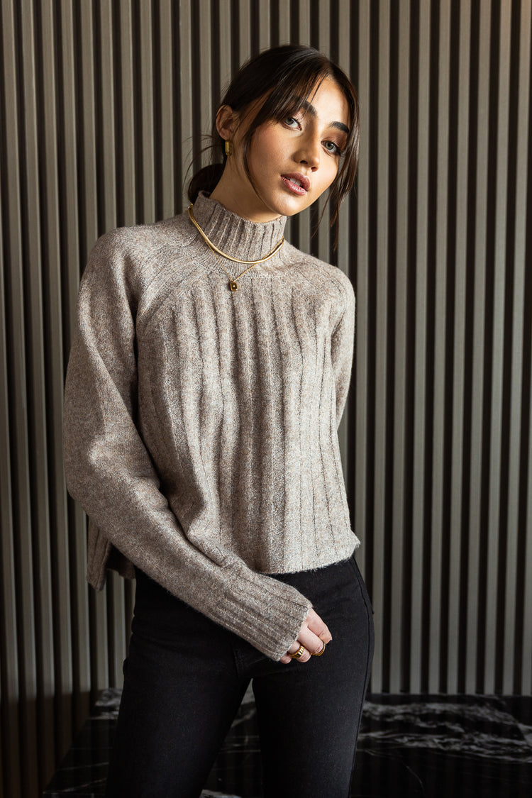 taupe knitted sweater with mock neck