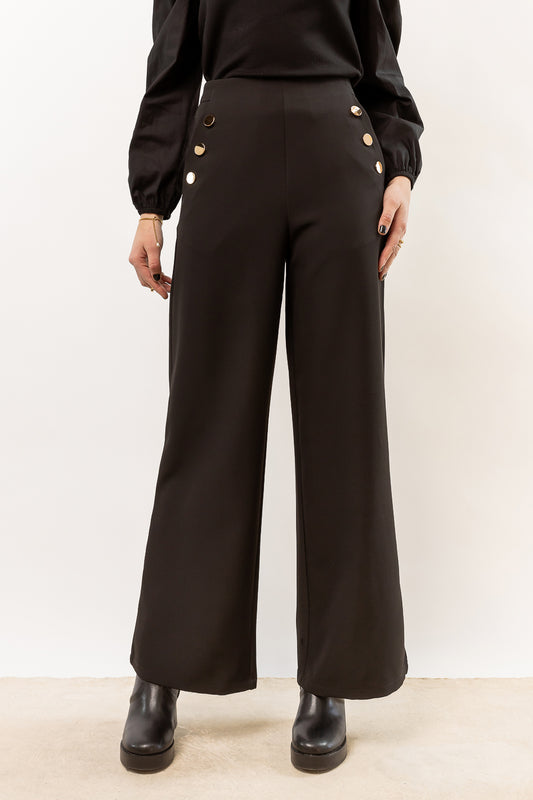 wide leg pants with side buttons in black