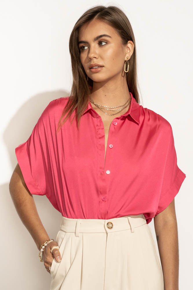 collared satin pink button up top